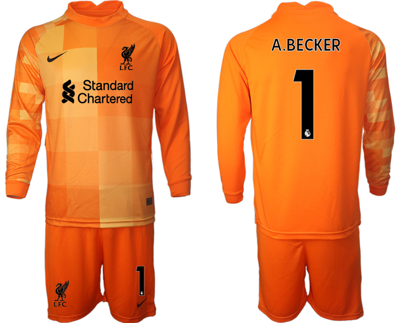 Men 2021-2022 Club Liverpool orange red goalkeeper Long Sleeve #1 Soccer Jersey->liverpool jersey->Soccer Club Jersey